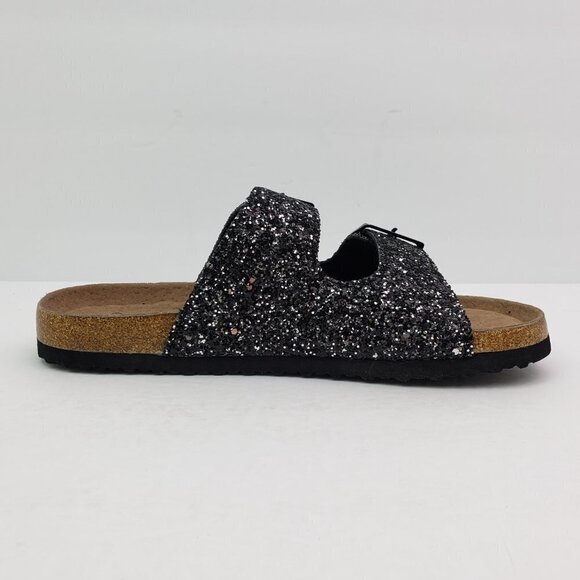 NEW Seekavan Womens Size 6-6.5 Black Glitter Leather Slip On 2 Strap Sandals - Picture 4 of 10